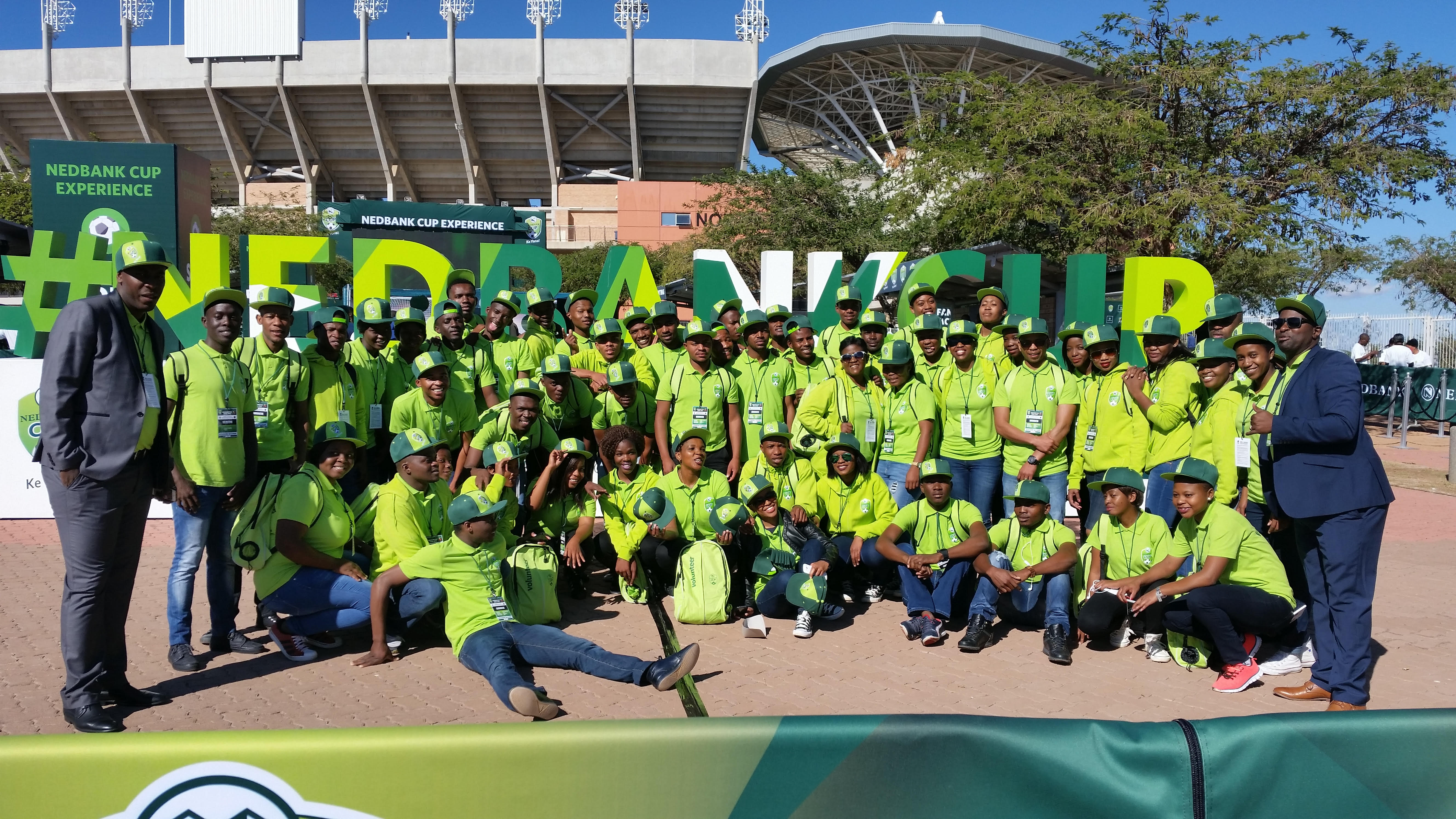 Nedbank Cup Final 2016 Volunteers (TUT PLK Sports Students with COO Thabang Ramaboya (L) and Director Nelson Belebesi (R)